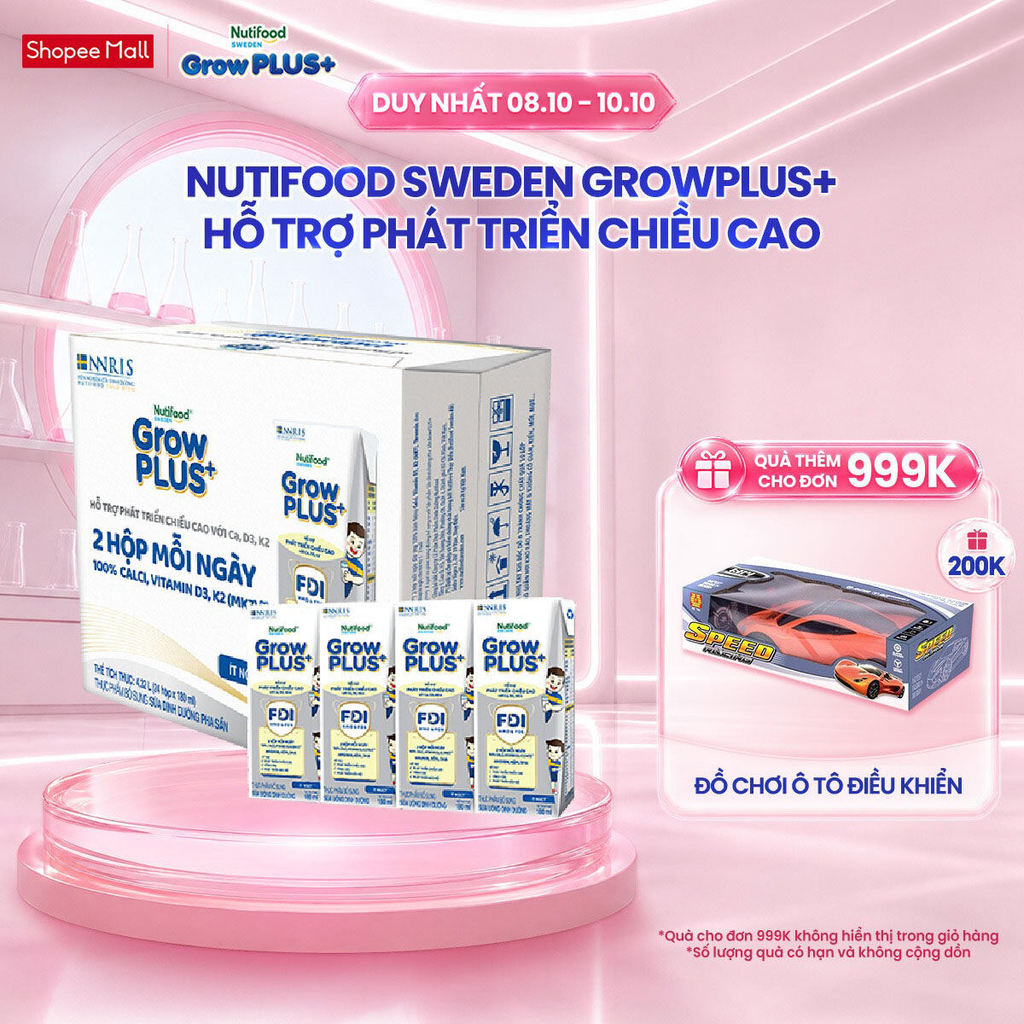 Thùng 24 hộp Sữa Bột Pha Sẵn Nutifood Sweden GrowPLUS+ Cao lớn vượt trội 24 hộp 180 ml