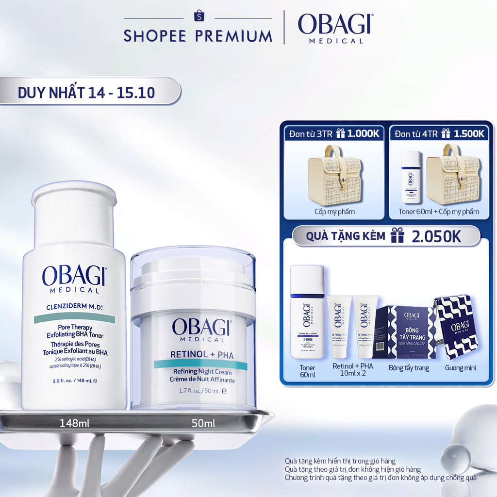 [Voucher SVIP 18%] Bộ đôi Kem Dưỡng Đêm Obagi Retinol + PHA 50ml và Toner Obagi Clenziderm M.D. Exfoliating 2% BHA 148ml
