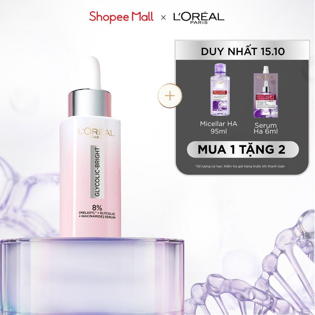 Serum Glycolic Melasyl 8% [Melasyl+Glycolic+Niacinamide] dưỡng sáng da, mờ thâm mụn & nám Loreal Paris 30ml