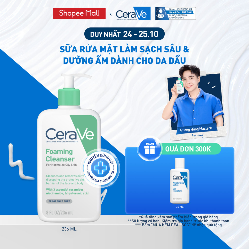 Sữa rửa mặt foaming giúp làm sạch sâu và dưỡng ẩm dịu nhẹ dành cho da dầu - CeraVe Foaming Facial Cleanser 236ML