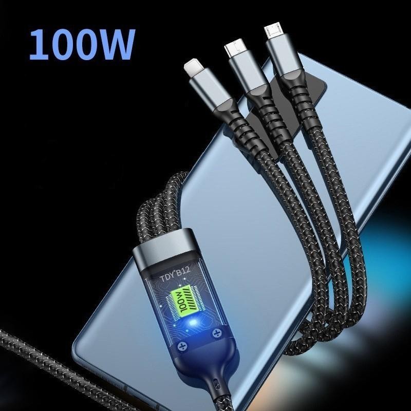 Dây Sạc Tự Ngắt - Dây Cáp Sạc Dữ Liệu Sạc Nhanh 100W Micro USB Type C 3 Trong 1 6A Dây Đen 3 Đâu