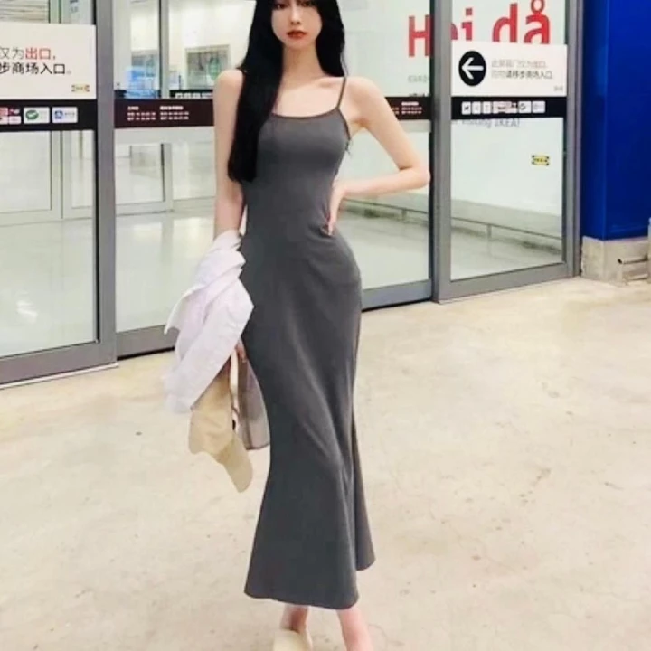 H901 Đầm Body 2 Dây Dáng Dài Đuôi Cá Váy Body Nữ Len Gân Tăm Mềm Mịn Mát Tôn Dáng Sexy Size Dưới 53kg