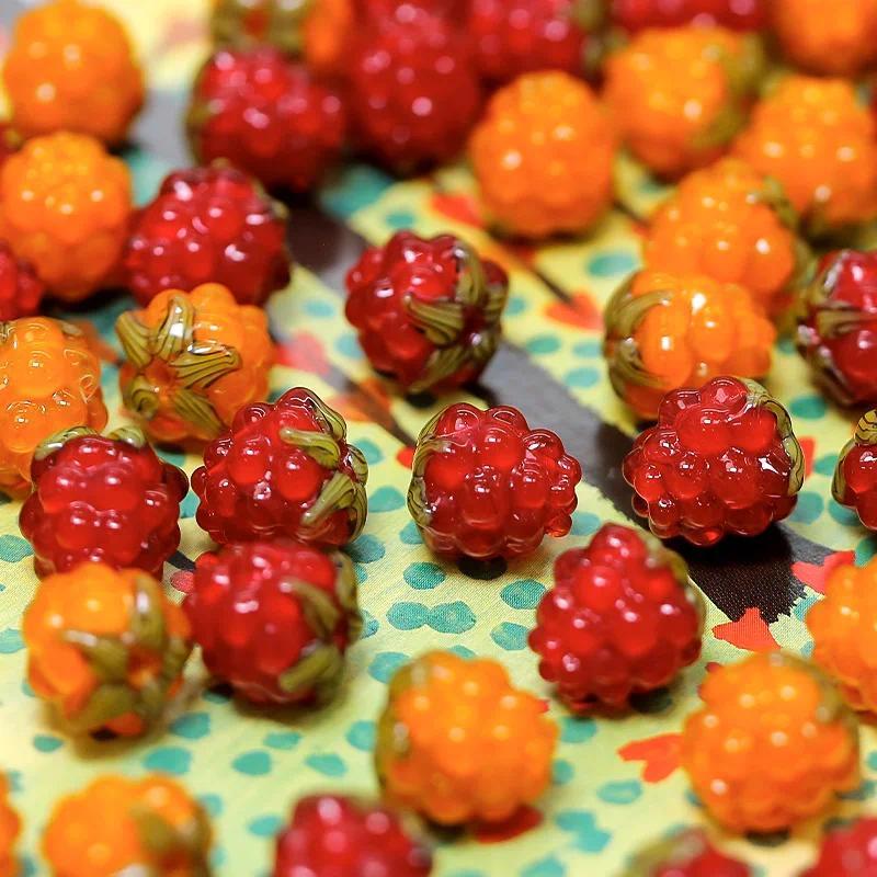 5 Hạt Thủy Tinh Raspberry Handmade màu đỏ với lá xanh cho DIY dây ...