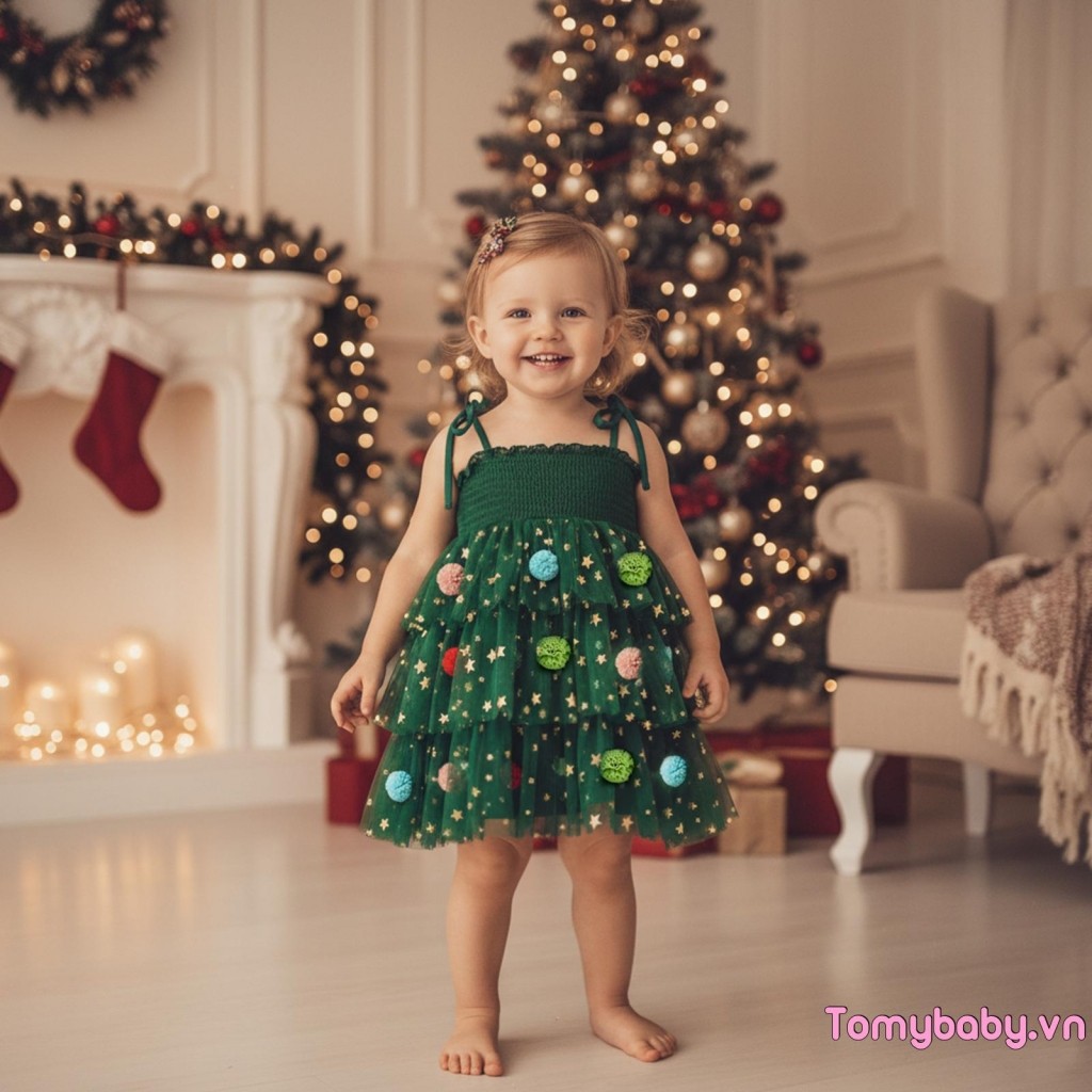 Bé Gái Tập Đi Giáng Sinh Một Dòng Đầm In Hình Ngôi Sao Không Tay Dây Buộc Dây Đeo Smocked Tulle Bánh Váy