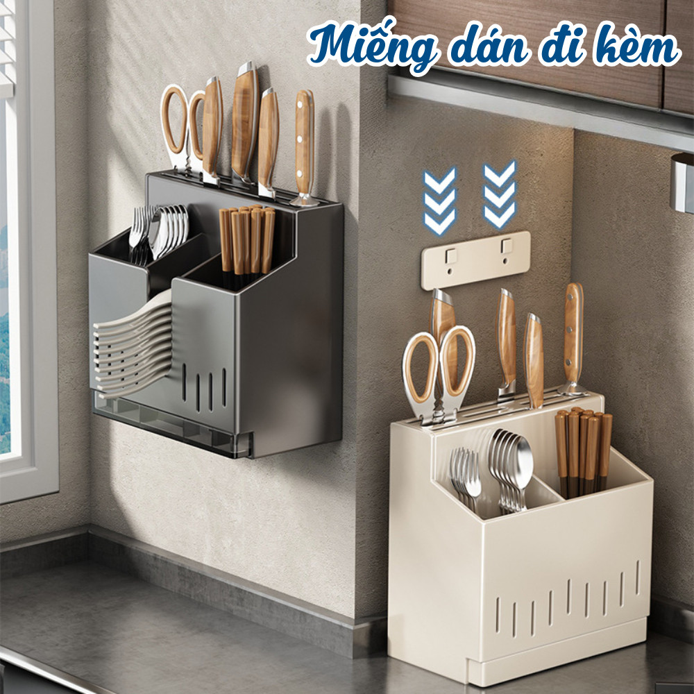 (MỚI) Giá Để Đồ Nhà Bếp Treo Tường Đa Năng Không Cần Đục Lỗ DINO, Giá Để Đũa Dao Kèm Khay Thoát Nước