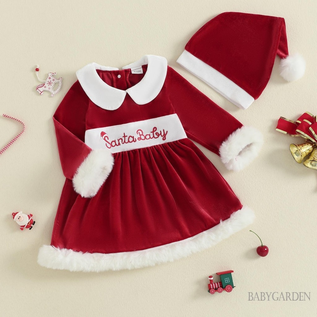 6M-4Y Bé Gái Trang Phục Giáng Sinh Fuzzy Viền Cổ Búp Bê Dài Tay Nhung Đầm Và Mũ Ông Già Noel
