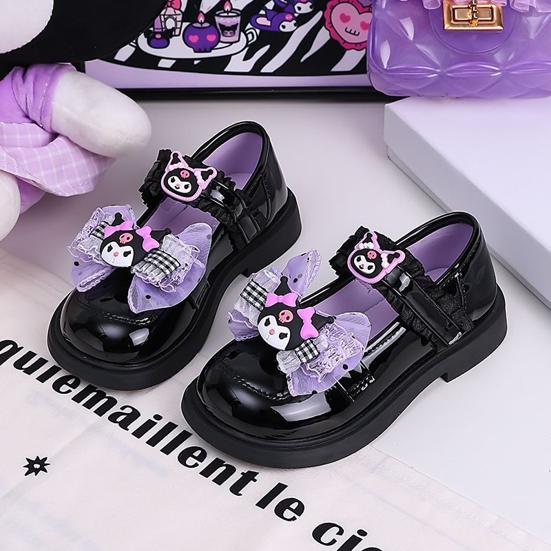 Giày Da Bé Gái Kuromi Xuân Thu Phong Cách Mới Trẻ Em Nơ Giày Công Chúa Bé Gái Đế Mềm Gothic Giày