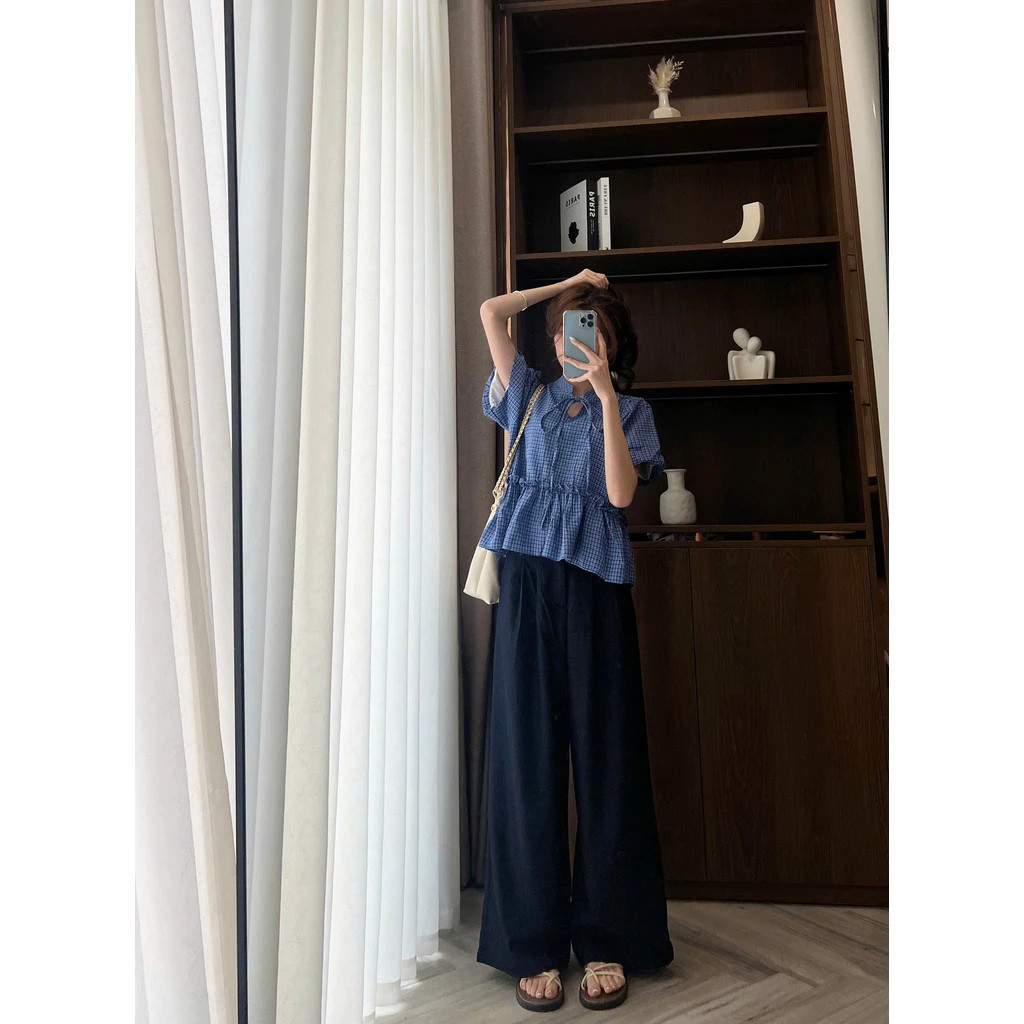 Áo Babydoll Kẻ Cổ Tàu Buộc Dây Cộc Tay, Áo Babydoll Nữ Ngắn Tay Buộc Nơ Dáng Rộng Chất Thô_A557