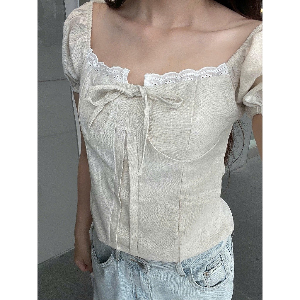 Áo Kiểu Linen Viền Ren Tay Bo - Rattit Top MA 380