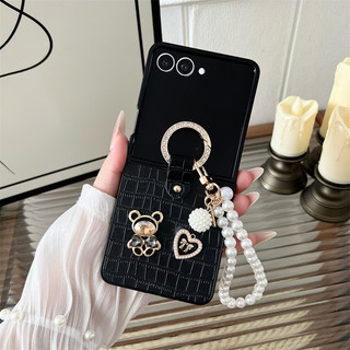 Ốp Lưng Vòng Tay Ngọc Trai Họa Tiết Cá Sấu Cho Samsung Galaxy Z Flip 7 Flip 7FE Z Flip 6 Z Flip 5 Z Flip 4 Z Flip 3 Sang Trọng Gấu Kim Cương Nhẫn Khóa