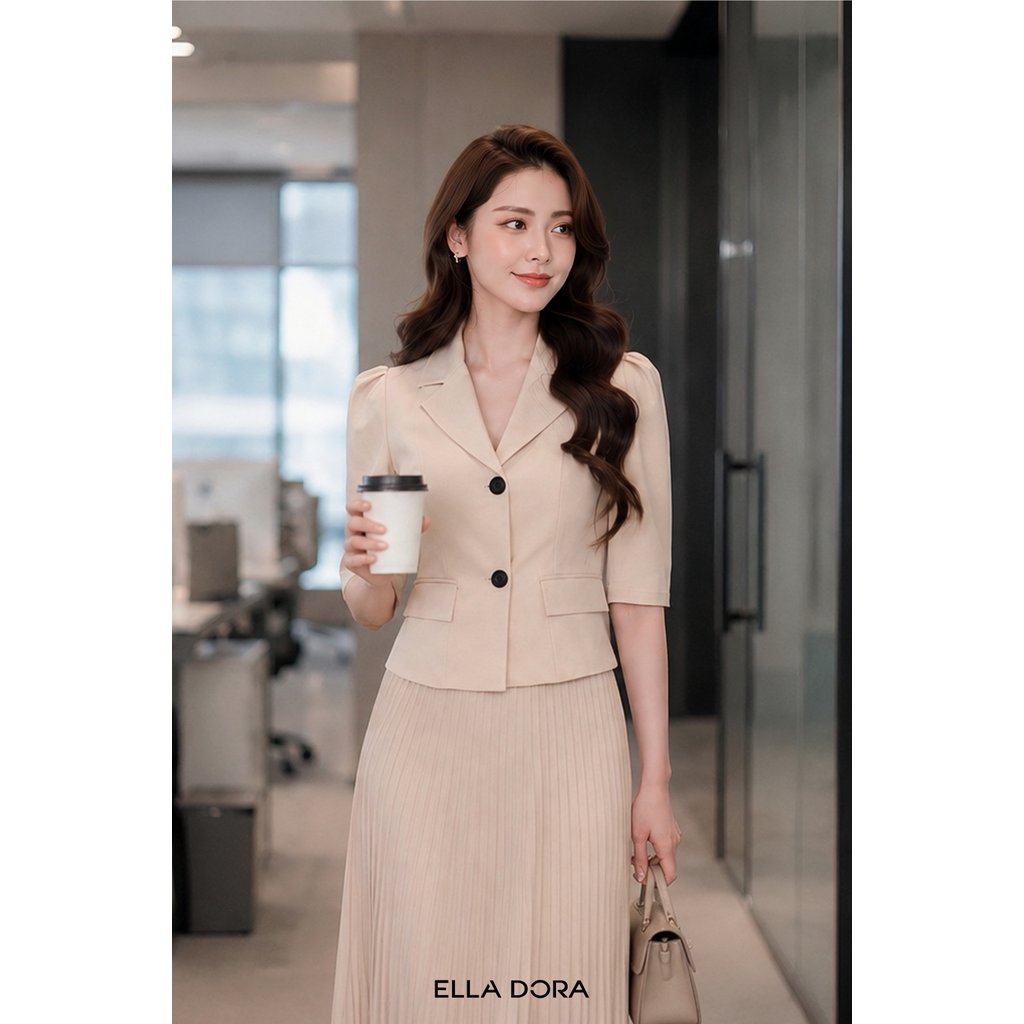 Set đồ công sở ELLA DORA áo cổ ve tay bồng phối chân váy xếp ly form gọn thanh lịch [AK22 + CLT06]