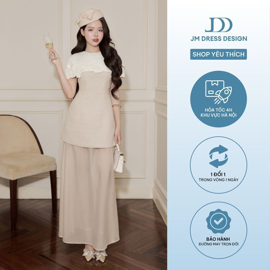 Đầm Cổ Tròn Phối Áo Rời Chân Đổ Tơ 1F15.2509 Váy Tiệc Phong Cách Quiet Luxury Dự Tiệc Cao Cấp Thiết Kế Bởi JM Dress