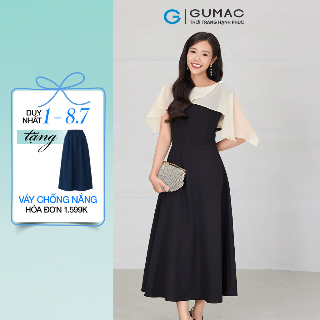 Đầm Nữ GUMAC Form A Xòe Không Tay Phối Voan Choàng Che Bắp Tay Có Túi Sườn Tiện Lợi Thời Trang DF12051
