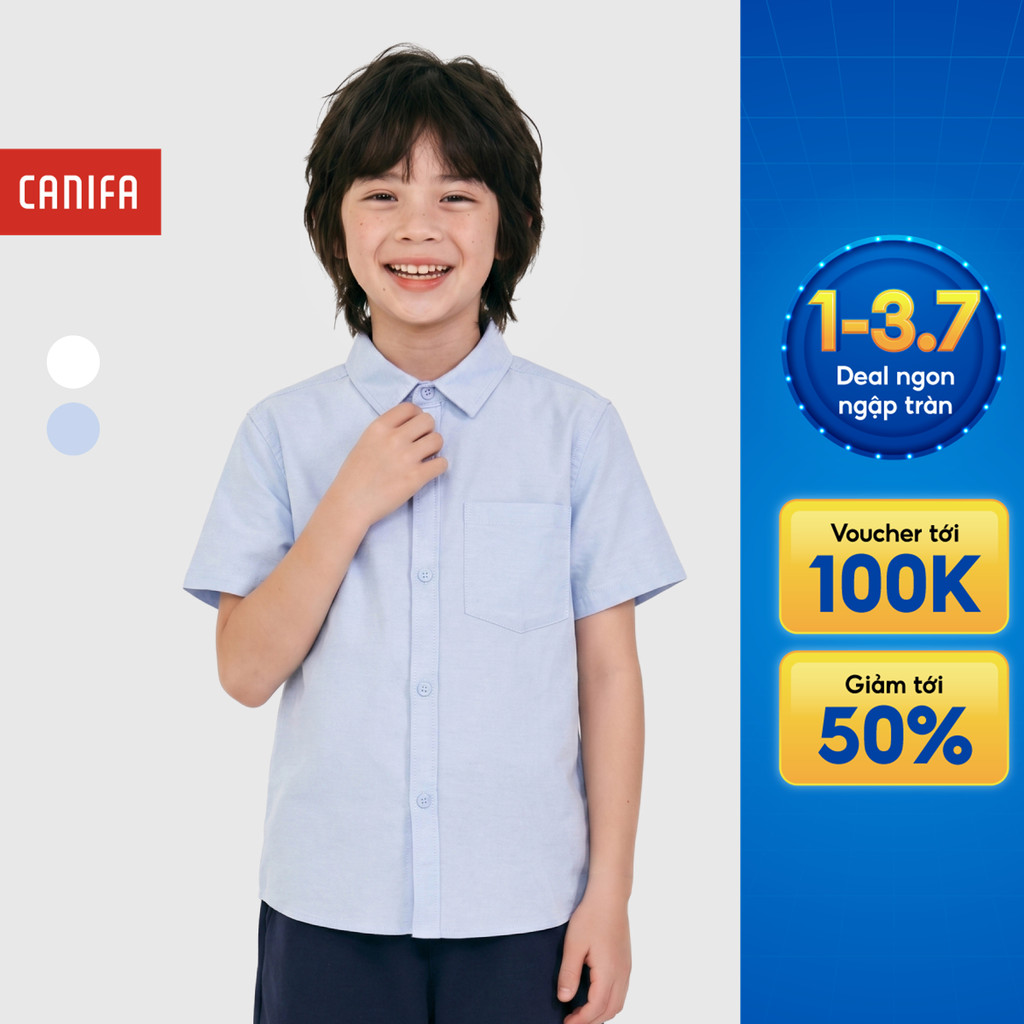 Áo sơ mi bé trai CANIFA cổ bẻ cộc tay có túi ngực đứng form mềm mại 2TH26A001