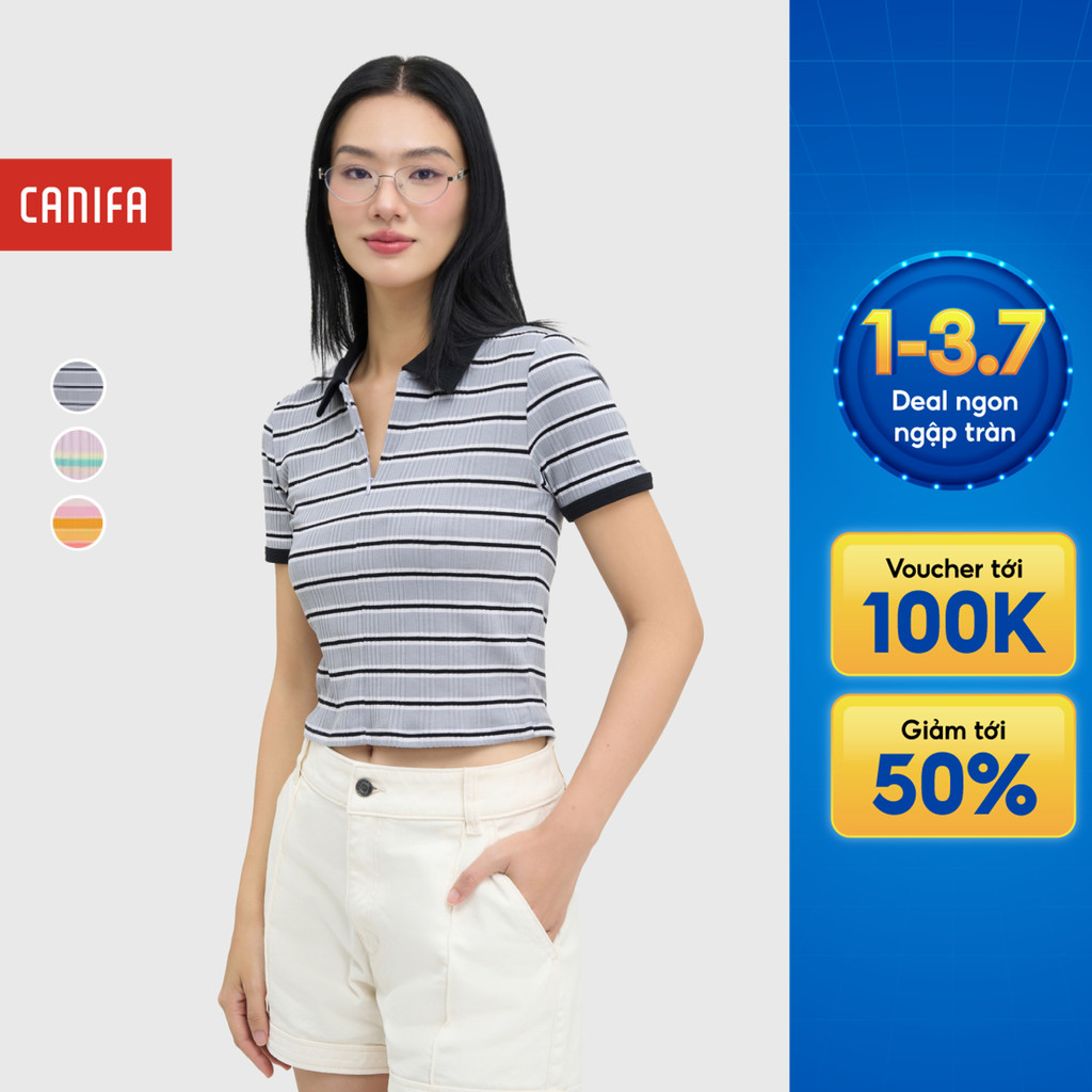 Áo polo nữ hoạ tiết kẻ CANIFA cộc tay cổ bẻ 6TP25S005