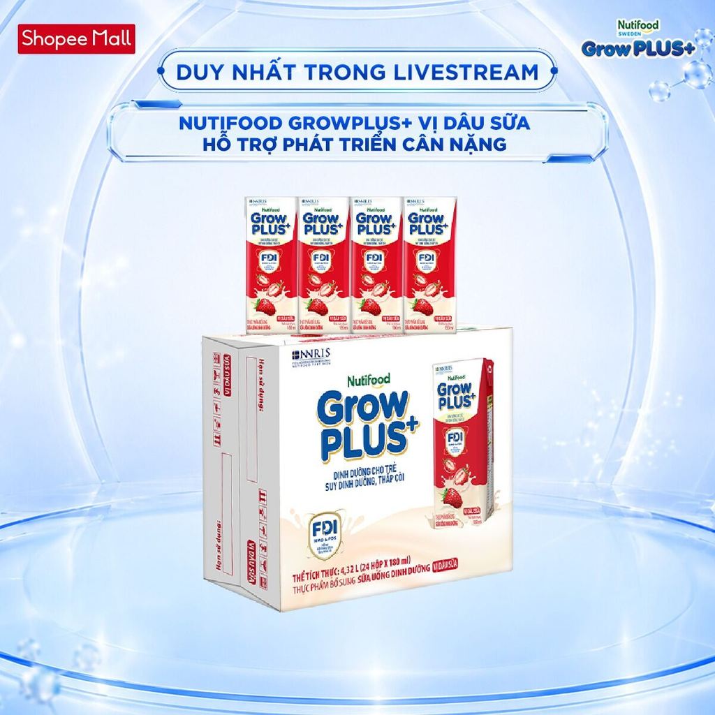 [LIVESTREAM KOL] Thùng 24 hộp Sữa bột pha sẵn Nutifood GrowPLUS+ Vị Trái Cây Sữa hộp 180ml (24 hộp x 180ml)