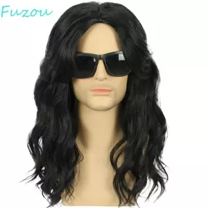 FUJIOU Tóc Giả Nhập Vai Màu Đen Dài, Tiệc Cosplay Full Head Trang Phục Halloween Tóc Giả, 70s 80 Retro Punk Anime Nam Tổng Hợp Tóc Giả Hộp Đêm Thanh