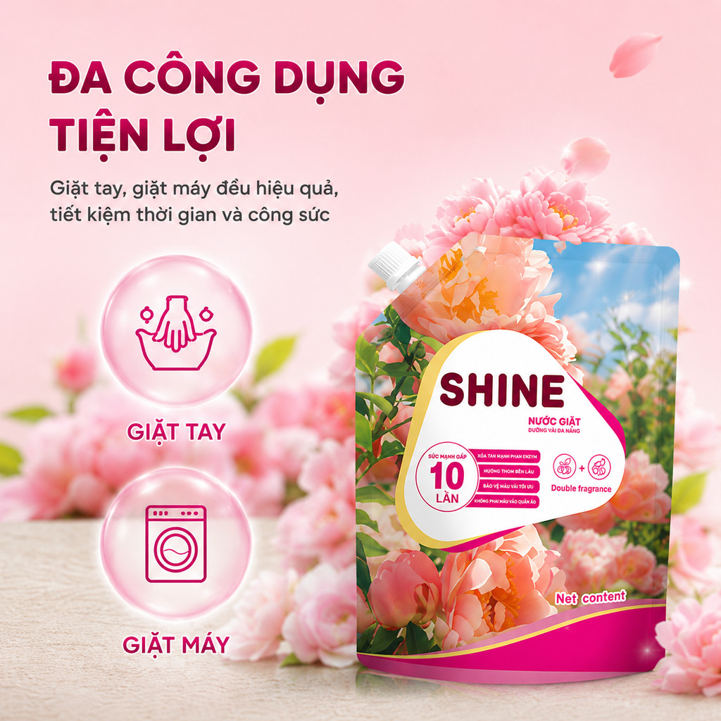 Combo 2 Túi Nước Giặt Xả Đậm Đặc Shine Hương Hoa- Sạch Sâu, Thơm Ngát, Lưu Hương Dài Lâu 96H