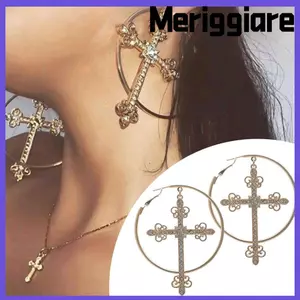 Bông tai vòng MERIGGIARE, Phụ kiện Bông tai chéo trang sức Punk, Bông tai thời trang pha lê Bling kim loại sang trọng dành cho nữ