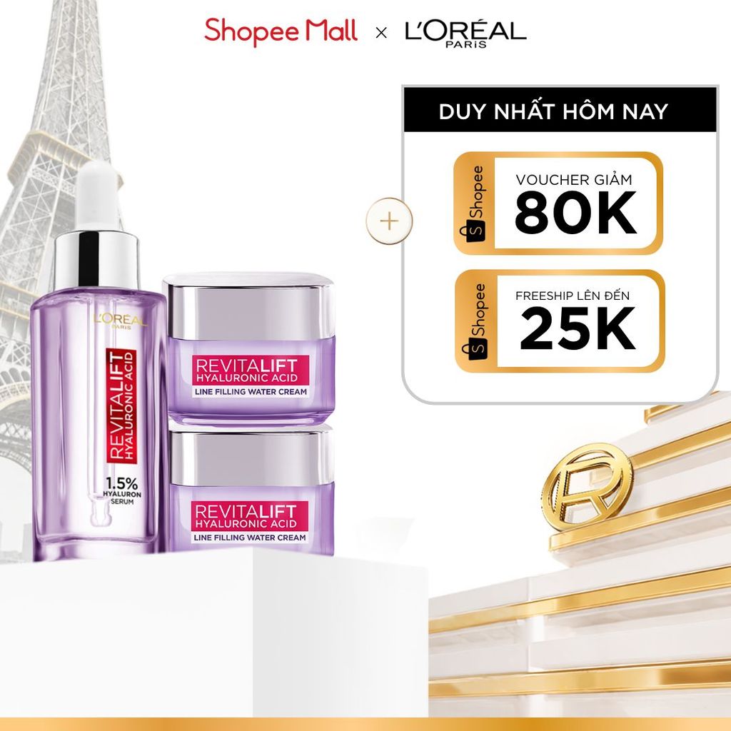 Bộ Serum 30ml và 2 kem dưỡng siêu cấp ẩm và giảm nếp nhăn 15ml x2 L'Oreal Paris Revitalift HA 1.5%