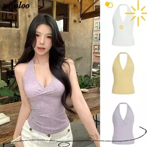 NICOLOO Halter Tank Top, Áo dệt kim có gân cổ chữ V, Mặt trước chéo Slim Fit Mềm mại co giãn không tay Top Trang phục hàng ngày
