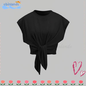 Áo mùa hè EBINLANDS, Áo thun nữ không tay màu đen / trắng dáng rộng vừa vặn, có dây buộc xếp nếp phía trước áo cổ tròn thoáng khí Trang phục mùa hè