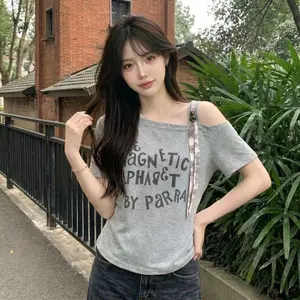 Mùa hè phong cách Hàn Quốc Hot Girl Áo thun ngắn tay in hình vai chéo hẹp Slim-Fit Slim-Fit Slimmer Look Ni