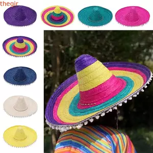 THEGIRL8B Mũ Rơm Mexico, Giai Đoạn Biến Dạng Mũ Rơm Tự Nhiên Mexico Đảng, Mùa Hè Vành Rộng Nhiều Màu Sắc Mũ Chống Nắng Carnival Sombrero Trang Trí Tiệc