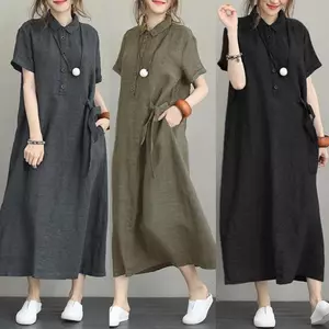 Mùa hè 2026 Phong cách Nhật Bản Vải lanh Cotton màu trơn Ve áo Váy dài Túi lớn che phủ thịt Ôm hơn Nhìn văn học Váy dài giản dị nữ