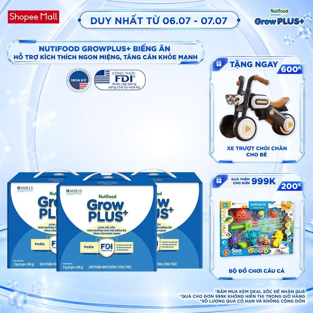 Combo 3 Sữa Bột Nutifood GrowPLUS+ Biếng Ăn (Xanh) 1+ - Tăng Cân Khỏe Mạnh (3 Hộp 2 Kg)