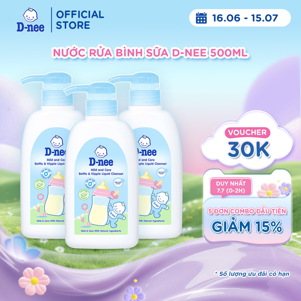 Combo 3 Nước rửa bình sữa D-nee, chiết xuất dưa leo, an toàn lành tính, khử khuẩn hiệu quả 500ml
