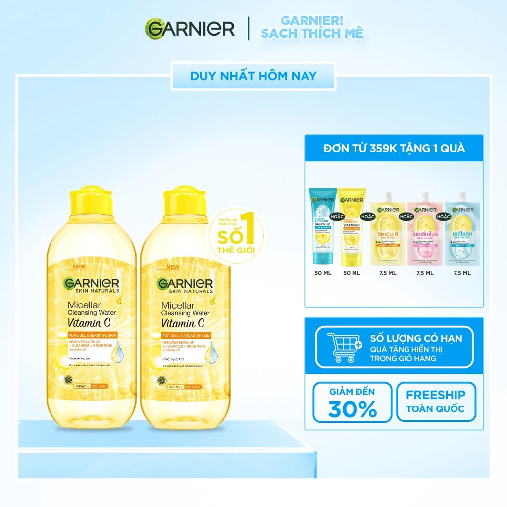 Bộ 2 nước làm sạch và tẩy trang dưỡng sáng da Garnier Micellar Water Vitamin C 400ml x 2