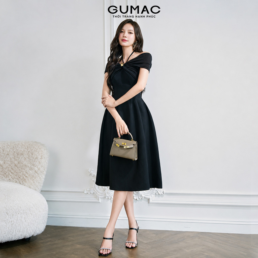Đầm Nữ Dáng A Xòe GUMAC Cổ Đổ Vặn Xoắn Phối Nút Kim Loại Sang Trọng DE07004