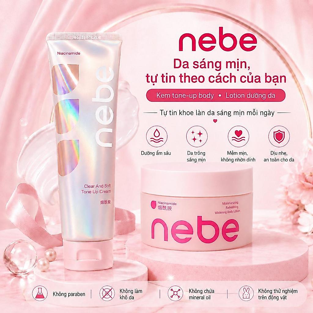 Nebe Combo Body Care 2 Món: Sữa Dưỡng Thể 200g + Kem Nâng Tone Body 120g, Mềm Mịn, Tệp Da, Không Bết Rít Cho Body Mùa Hè
