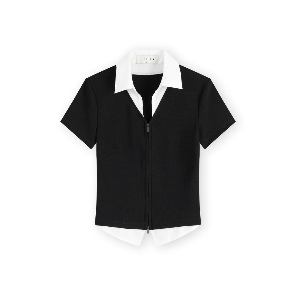 [DEZUS] Áo Croptop Nữ Đen Cổ Sơ Mi Phối Trắng Khóa Kéo Dáng Ôm Cá Tính - REHANA SHIRT - CWAMC053S264