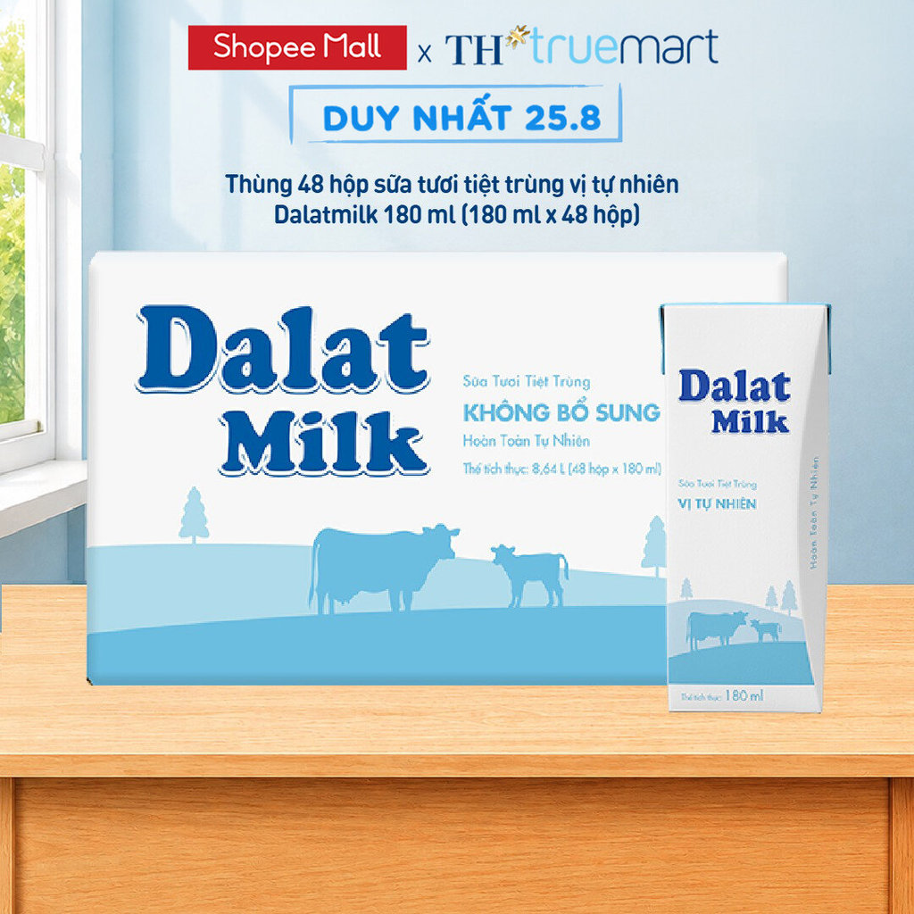 [LIVE STREAM] Thùng 48 hộp sữa tươi tiệt trùng Dalatmilk vị tự nhiên 180 ml (180 ml x 48)
