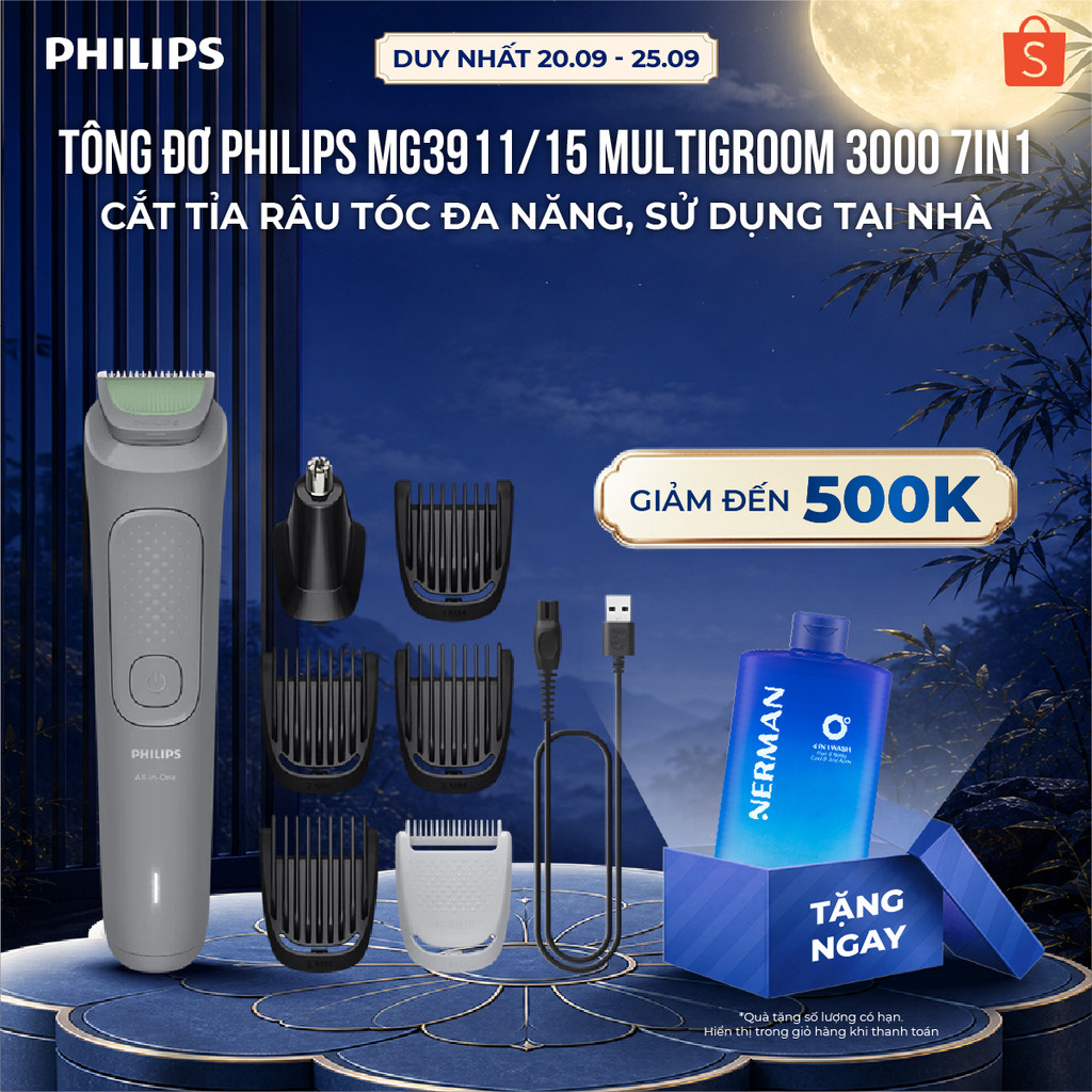 Tông đơ Philips MG3911/15 Multigroom 3000 7in1 cắt tỉa râu tóc đa năng, sử dụng tại nhà