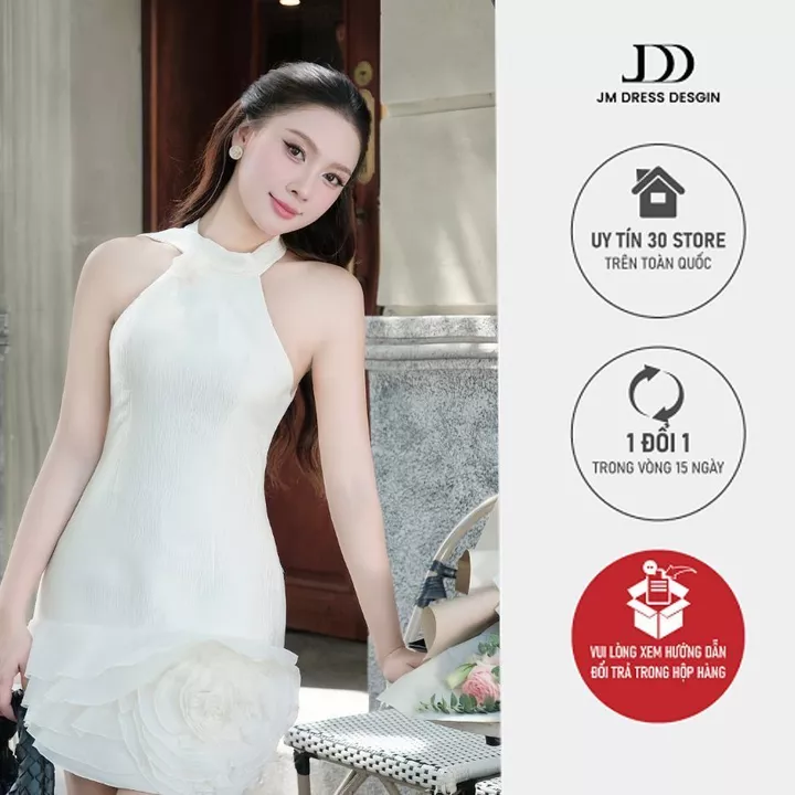 Đầm yếm khăn cổ chân hoa lệch thiết kế gợi cảm thanh lịch 1P07.2505K, đầm cổ yếm cách điệu nữ tính thiết kế bởi JM Dress
