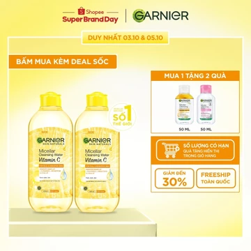 Bộ 2 nước làm sạch và tẩy trang dưỡng sáng da Garnier Micellar Water Vitamin C 400ml x 2