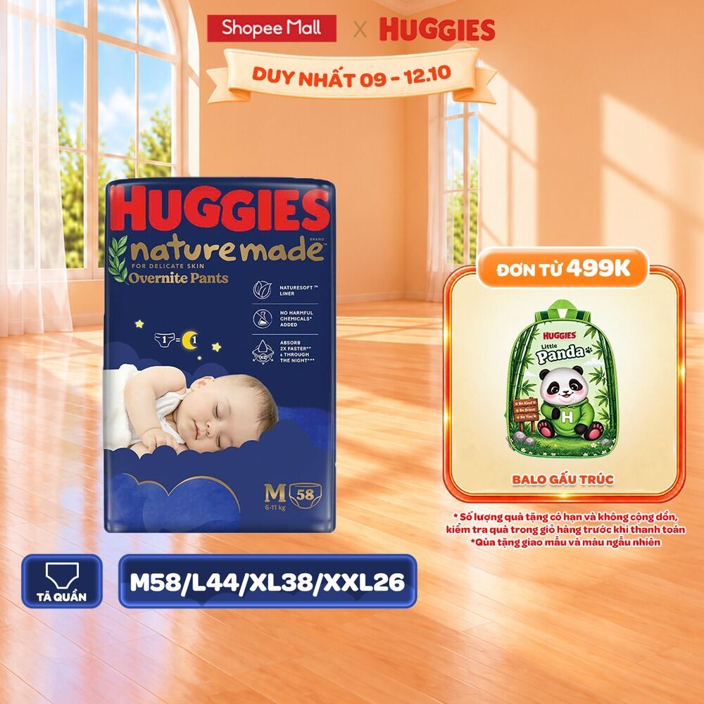 Tã/Bỉm quần Huggies Naturemade ban đêm M58/L44/XL38/XXL26