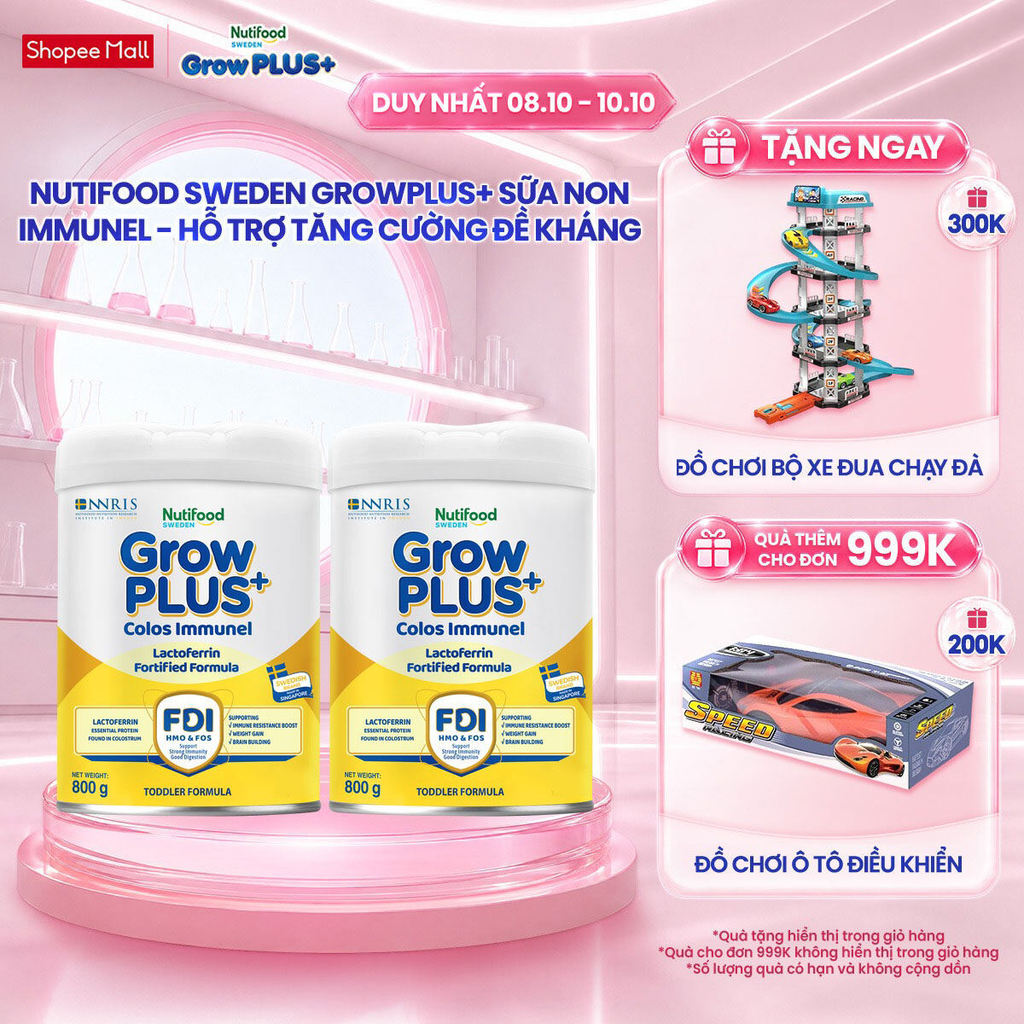 Combo 2 Sữa Bột Nutifood Sweden GrowPLUS+ Sữa Non Immunel lon 800 g (Bao bì tuỳ lô hàng)