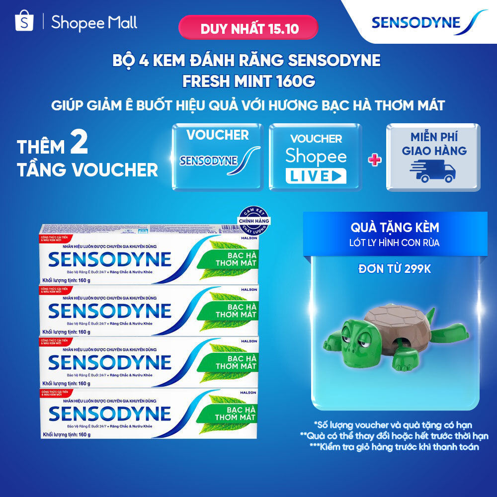 Bộ 4 Kem đánh răng SENSODYNE Fresh Mint 160g giúp giảm ê buốt hiệu quả với hương bạc hà thơm mát