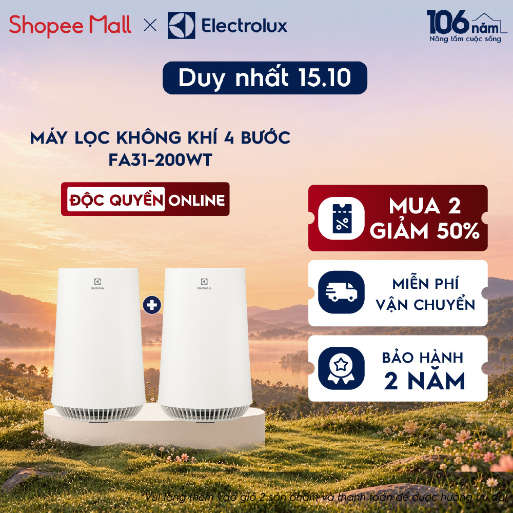 [MUA 2 GIẢM 50%] Máy lọc không khí 26m² Electrolux FA31-200WT-4 lớp lọc bụi mịn và khử mùi, yên tĩnh