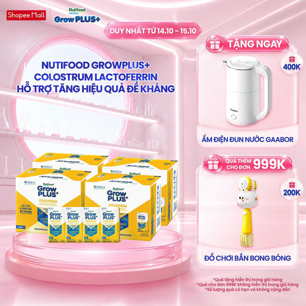 Combo 4 Thùng 24 hộp Sữa bột pha sẵn Nutifood Sweden GrowPLUS+ Colostrum Lactoferrin 110ml