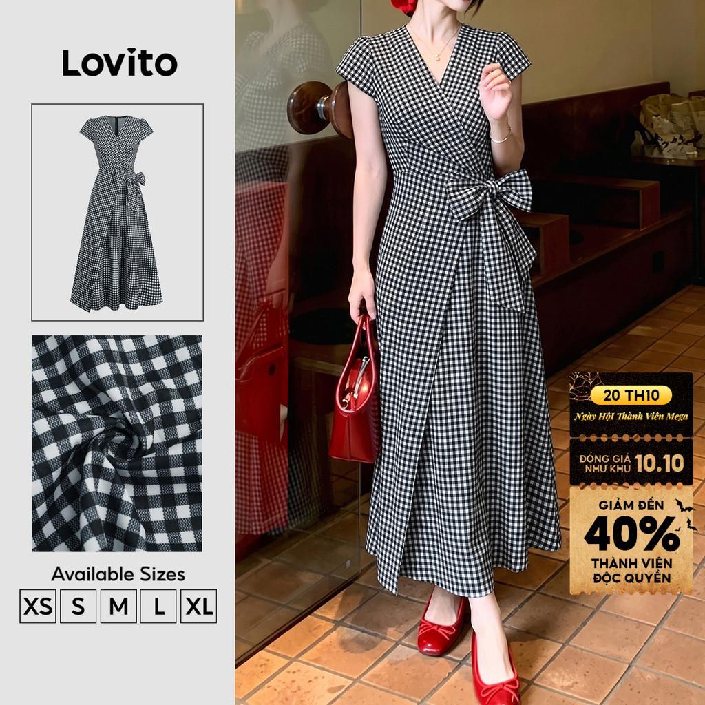Lovito Đầm Dài Dáng Suông Thanh Lịch Họa Tiết Kẻ Caro Buộc Dây Màu Đen Trắng Kiểu Dáng Retro Thập Niên 90 Thích Hợp Cho Mùa Xuân Hè Và Công Sở DRB201P1D761