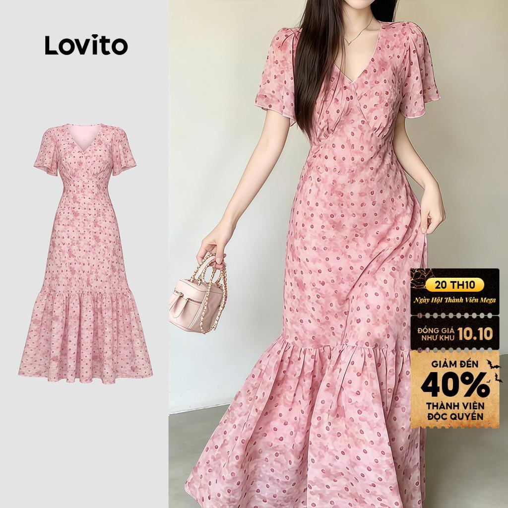 Lovito Đầm nữ xám hồng thời trang xuân hè lai bèo xếp nếp thanh lịch LK7ED198