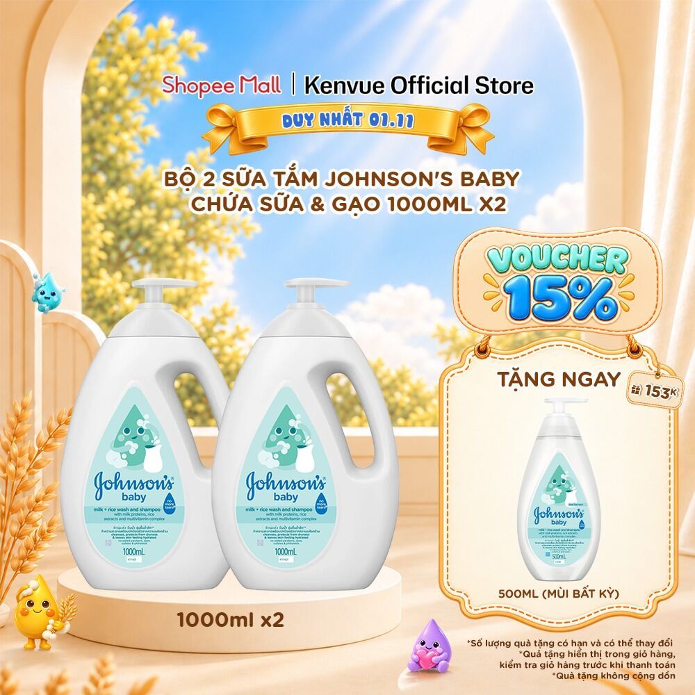 Bộ đôi sữa tắm Johnson's Baby chứa sữa và gạo 1000mlx2