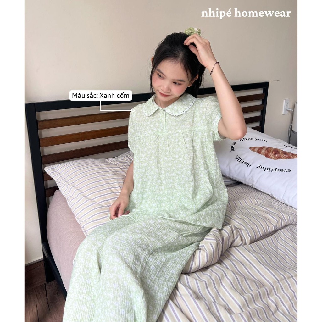 Set cổ sen tay ngắn quần dài nhipé homewear nữ mặc nhà họa tiết hoa dễ thương chât liệu xô muslin cao cấp mềm mịn mát