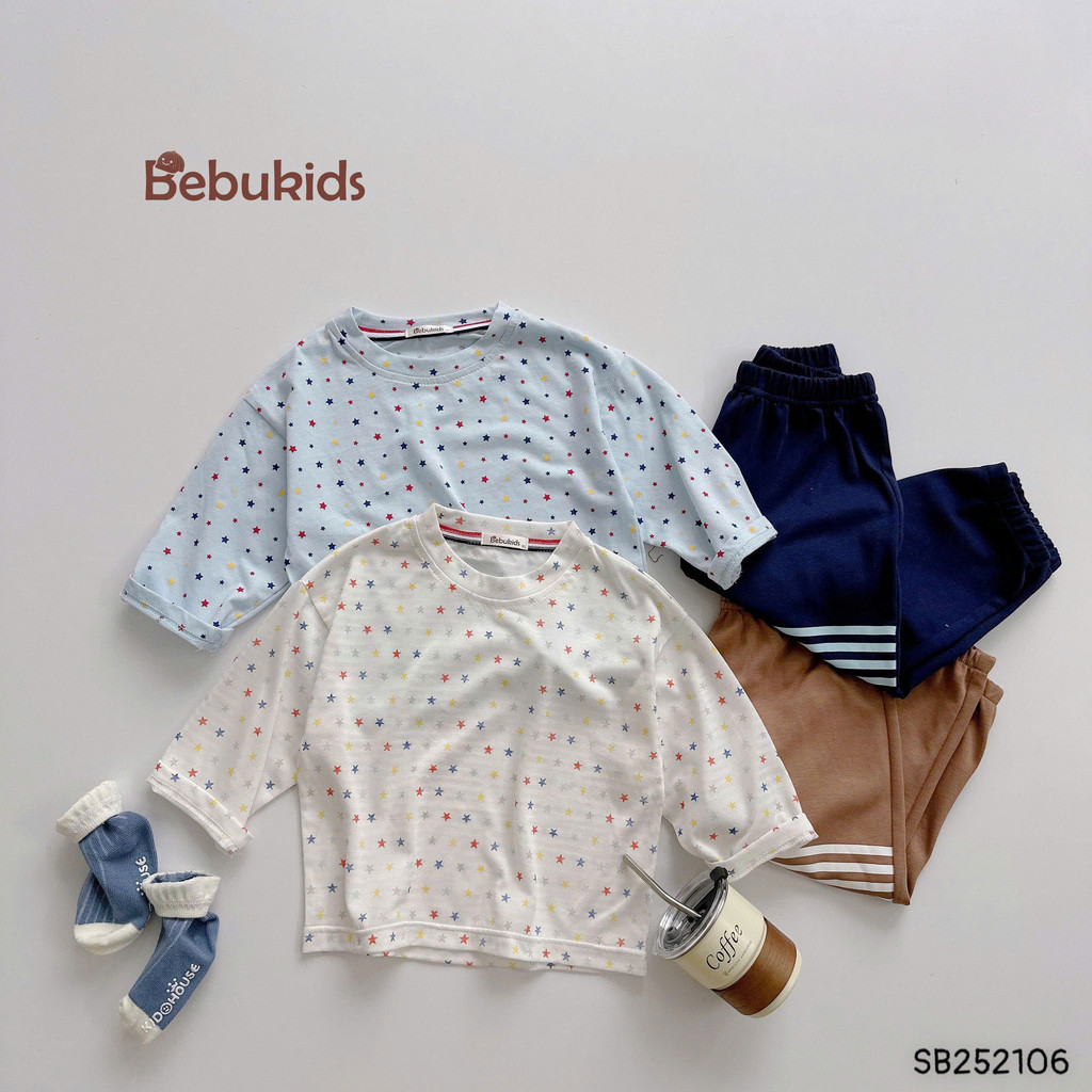 Bộ cotton dài tay in tràn ngôi sao Bebukids phối quần nắp túi cho bé 8-21kg