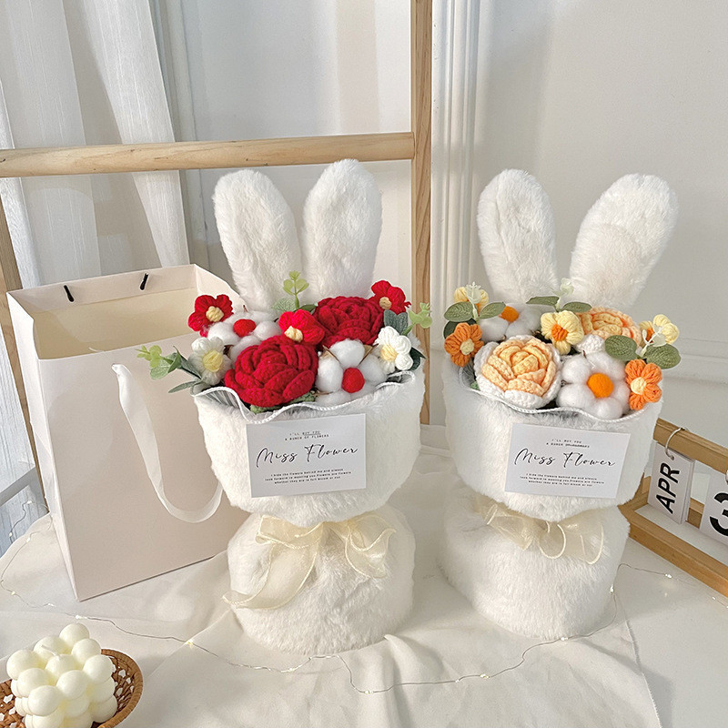 (Tặng TÚI + ĐÈN LED) Bó Hoa Len Tai Thỏ, 3 Bông Hoa Hồng Len, Handmade Thủ Công, Quà Tặng Người Yêu